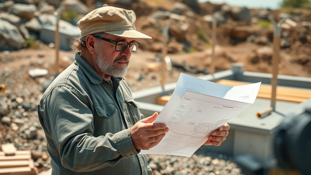 weathered construction supervisor studying blueprints at a concrete foundation site, reviewing documentation, proper land clearing compliance Texas