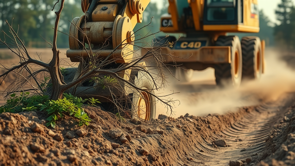 dynamic closeup of heavy machinery removing brush and small trees, land clearing before foundation, intense focus, Texas construction zone