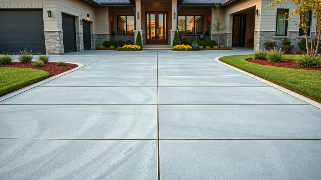 Modern concrete driveway with decorative finishes in front of upscale Texas home. Keywords: curb appeal, concrete driveway, custom solutions
