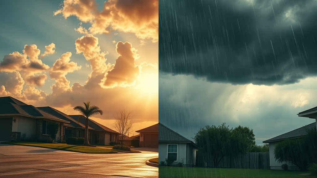 Split-scene: driveway enduring Texas weather, from cracking sun-baked heat to turbulent storms and rainfall. Keyword: concrete driveway, weather conditions