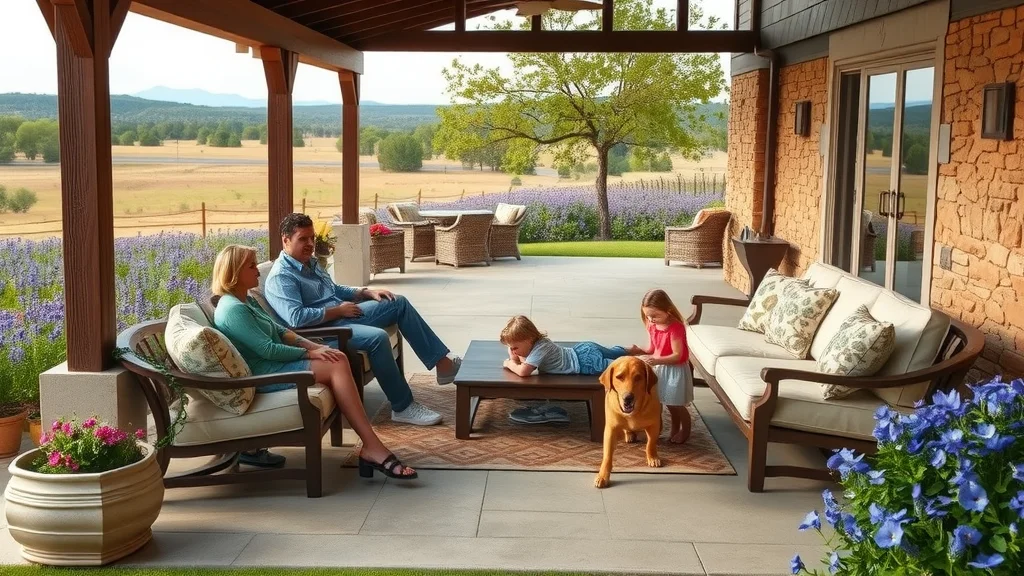 Timeless ranch home concrete patio with panoramic Hill Country views, bluebonnets, natural stone wall, and a family relaxing—ideal for concrete patio ideas in Texas