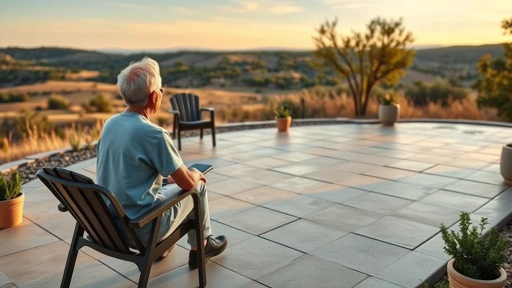 San Antonio homeowners and contractor viewing finished stamped concrete patio, overlooking Hill Country