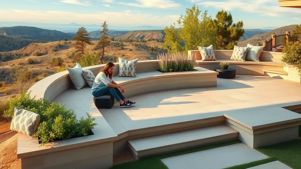 Multi-level concrete patio with built-in seating and planter boxes—overlooking the rugged Hill Country—showcasing custom patio ideas for ranch homes