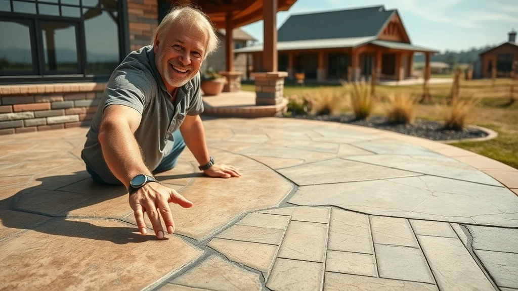 Detailed stamped concrete patio with rustic, wood-like textures beside a Texas ranch home—showing stamped concrete patio ideas for Hill Country style