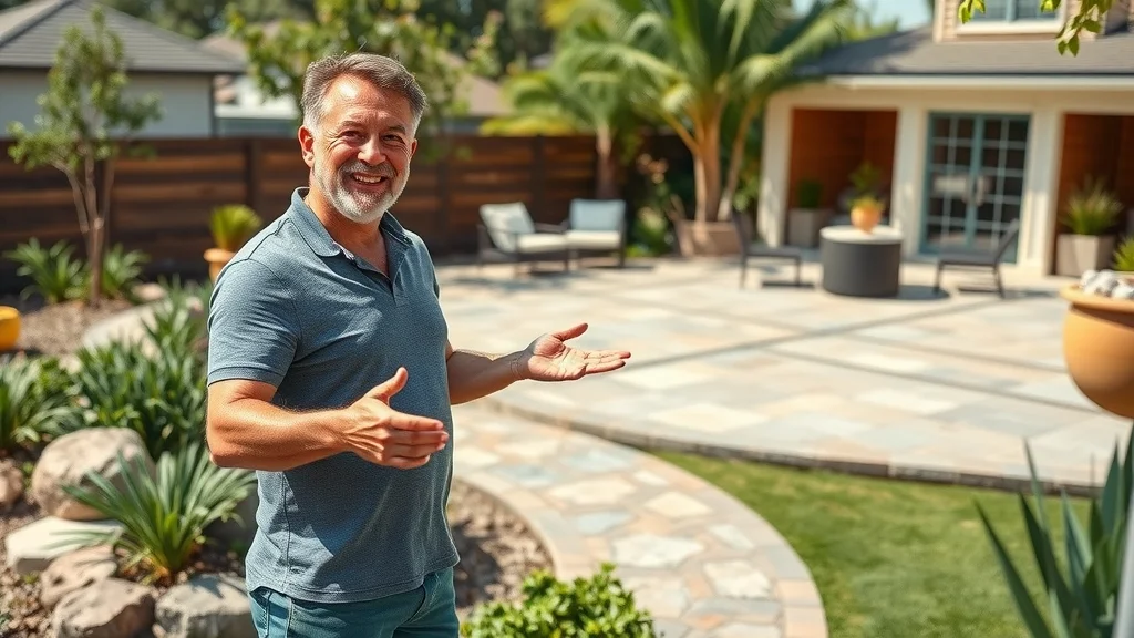 Modern backyard in San Antonio comparing stamped concrete, pavers, and natural stone patio surfaces with confident homeowner