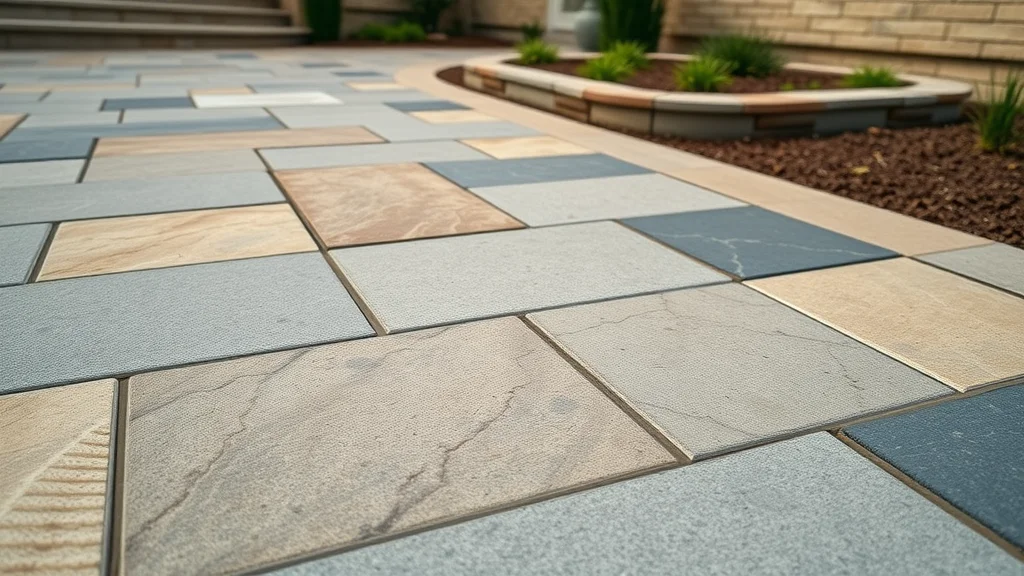Closeup of textured stone and slate patterns on a stamped concrete patio in San Antonio, detailed surface for design inspiration