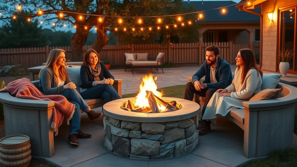 Cozy ranch patio with a concrete fire pit—friends sharing stories around fire, built-in benches, string lights at twilight—showcasing fire pit and concrete patio ideas for ranch homes