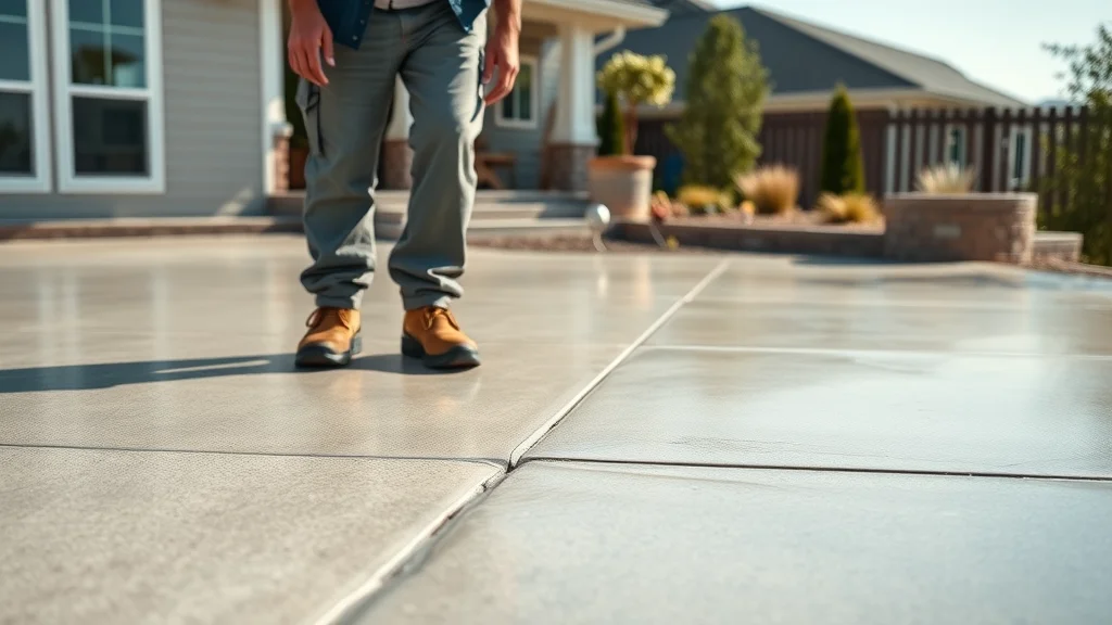 Close-up of durable, well-sealed concrete patio beside a modern ranch home—contractor inspecting expansion joints and water-beading surface—demonstrating long-lasting concrete patios in Texas