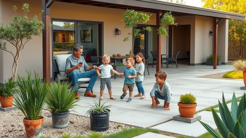 Modern ranch home with eco-friendly concrete patio in the Hill Country—family and kids enjoying a sustainable, organically landscaped outdoor space
