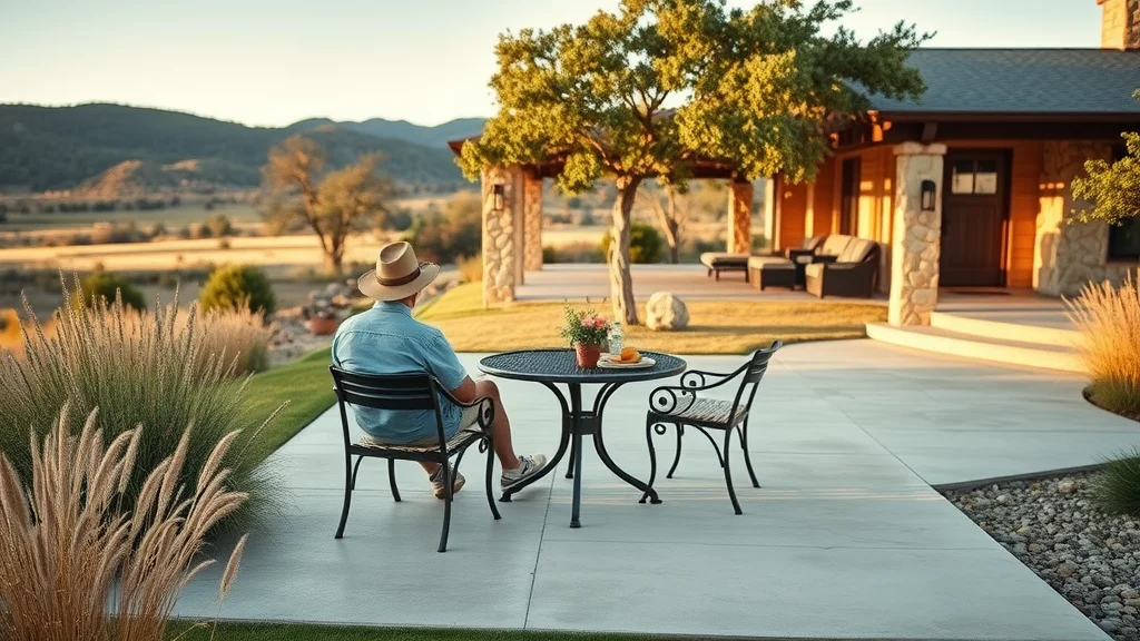 Inviting concrete patio adjacent to a ranch-style home in the Texas Hill Country with natural stone, mature oaks, and rolling hills – perfect setting for concrete patios for ranch homes