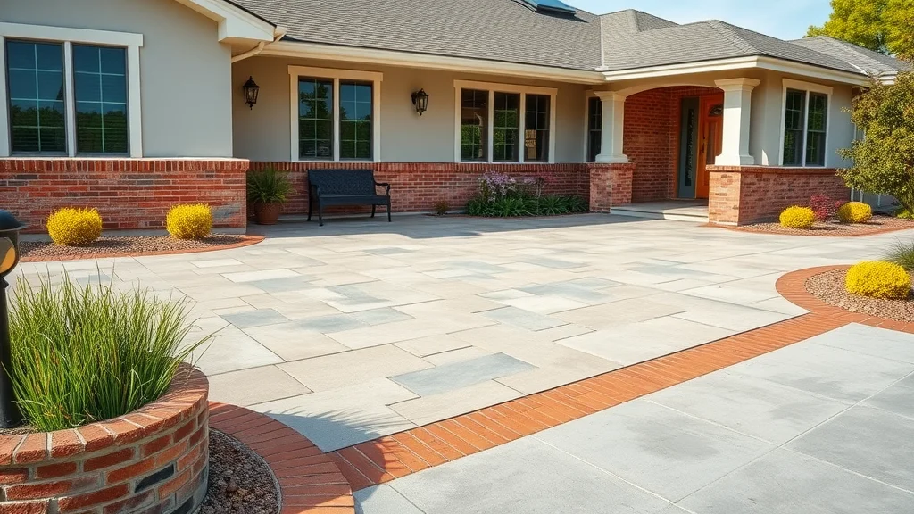 Contemporary concrete patio with brick accents beside a ranch home—showcasing large concrete pavers for texture and curb appeal