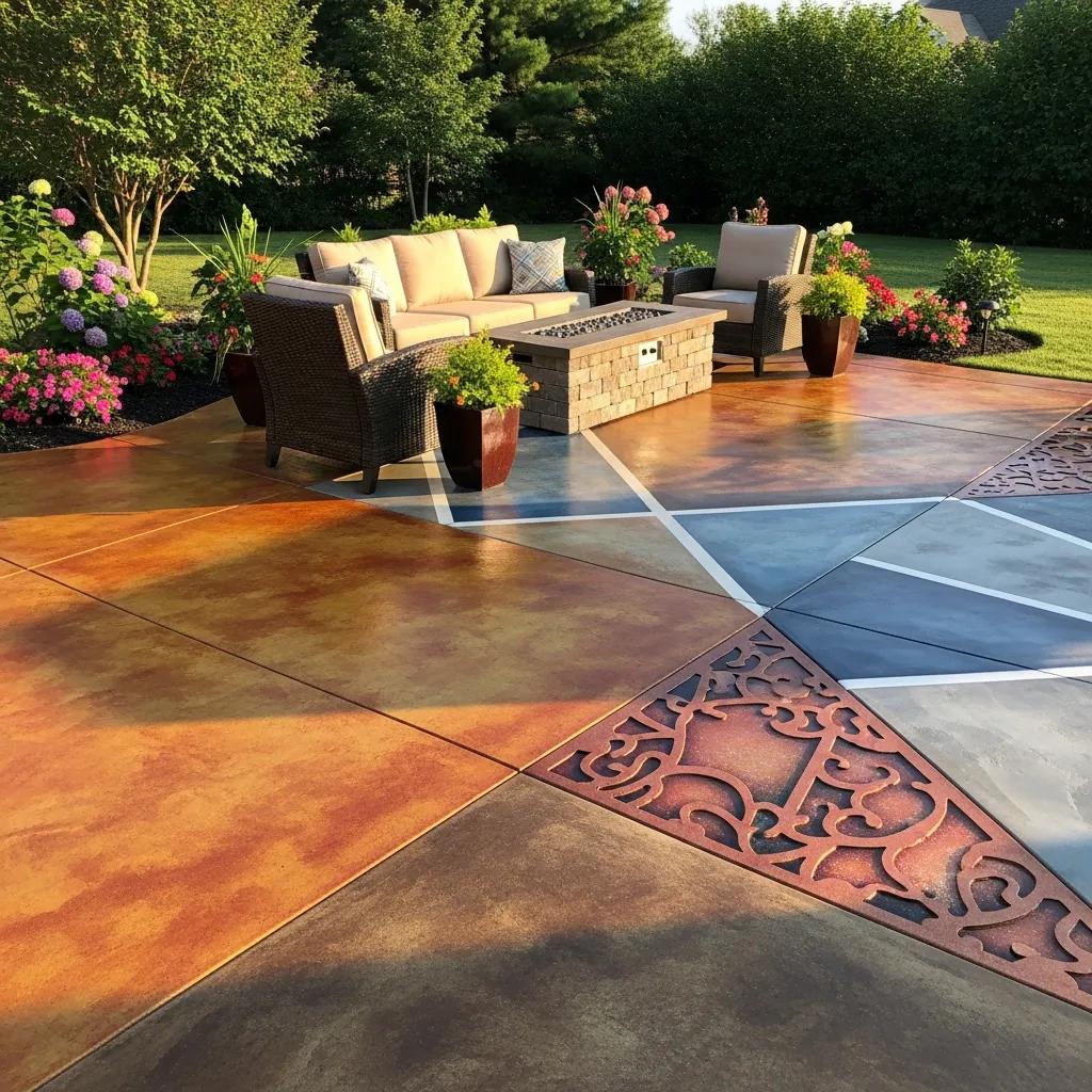 Vibrant stained concrete patio featuring decorative patterns, comfortable seating area with cushions, fire pit, and surrounding lush landscaping, enhancing home aesthetics and functionality through professional concrete staining.